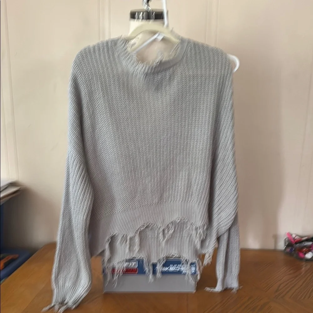 Polly & Esther Gray V-Neck Sweater with Distressed Hem - Picture 3 of 9